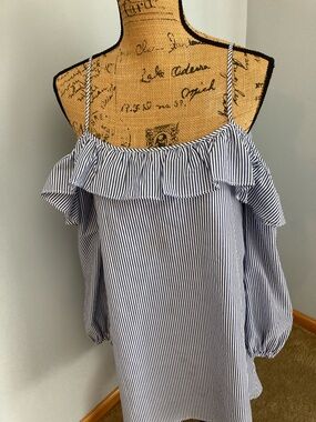Cooperative Navy and White Striped Ruffle Cold-Shoulder Dress Women Size Small